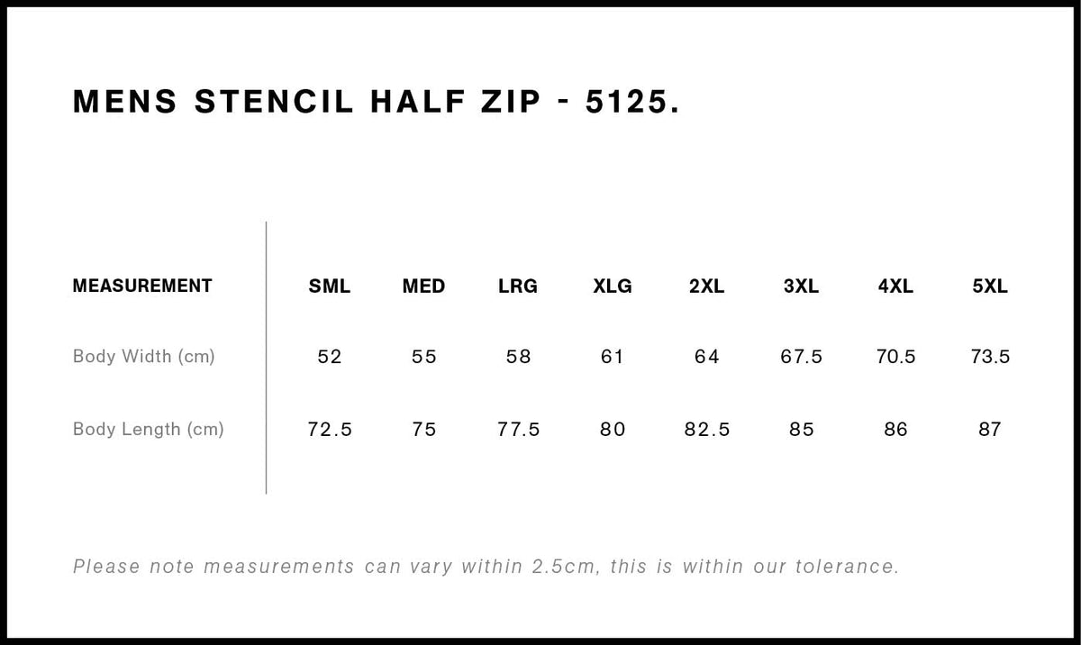 Stencil Half Zip Crew 5125S - Size guide