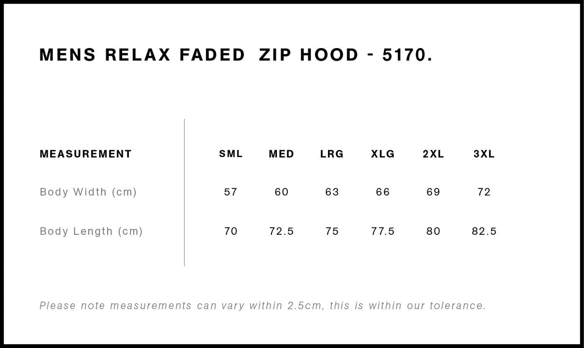 Relax Faded Zip Hood 5170 - Size guide