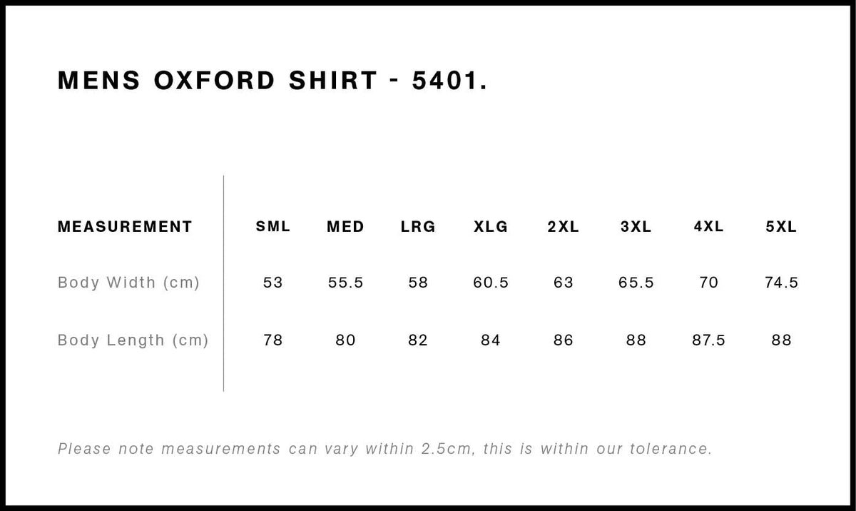 Oxford Shirt 5401 - Size guide