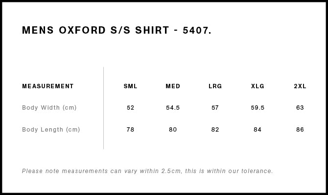 Oxford S/S Shirt 5407S - Size guide