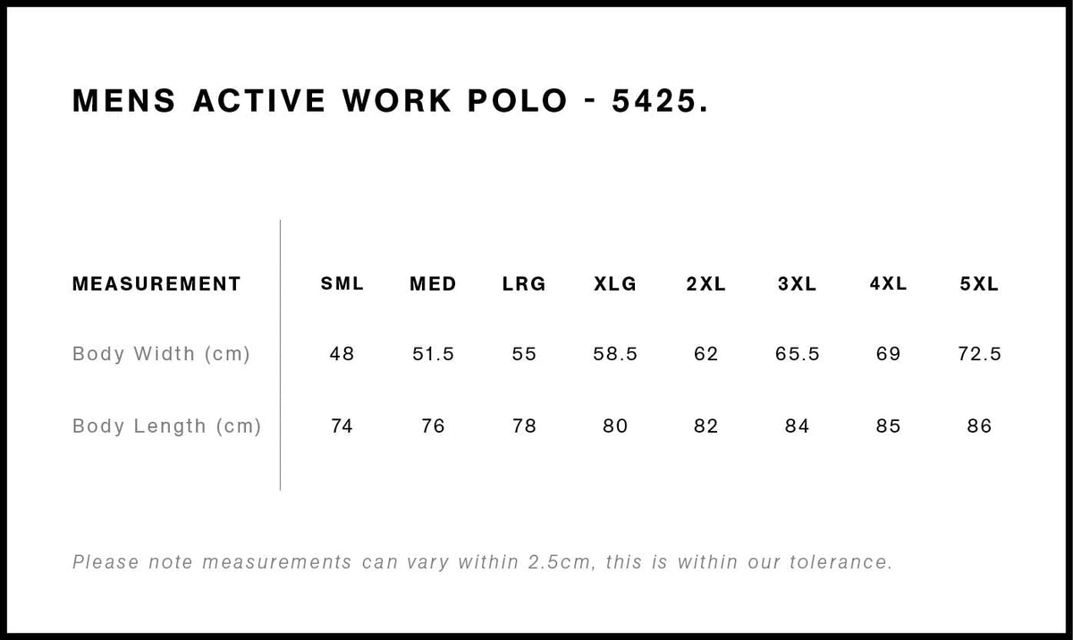 Active Work Polo 5425 - Size guide