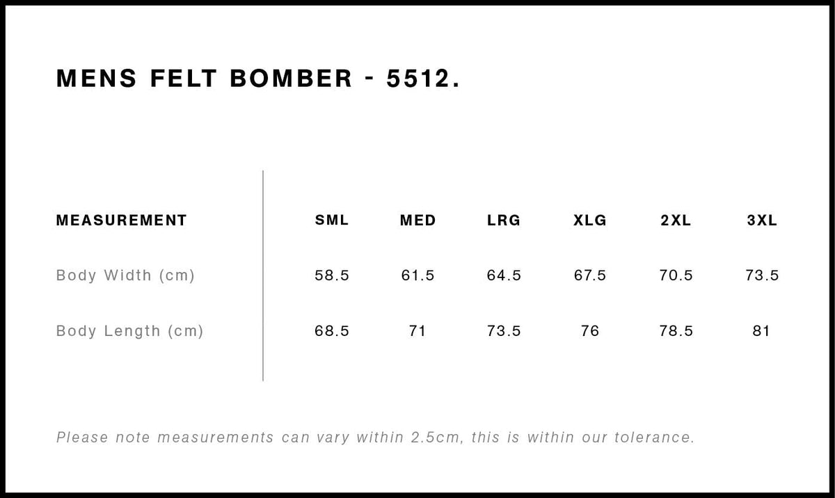 Felt Bomber Jacket 5512 - Size guide