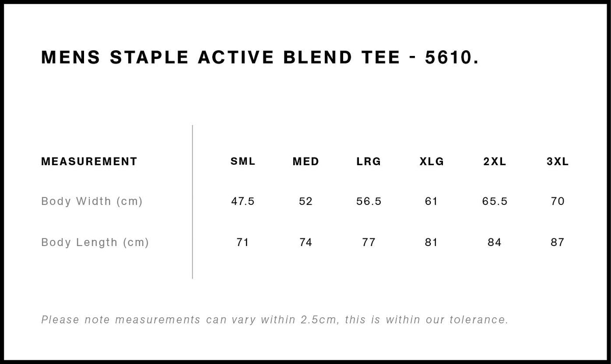 Staple Active Blend Tee 5610S - Size guide