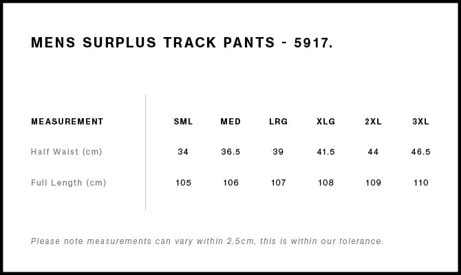 Surplus Track Pants 5917S - Size guide