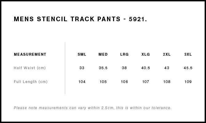 Stencil Track Pants 5921S - Size guide