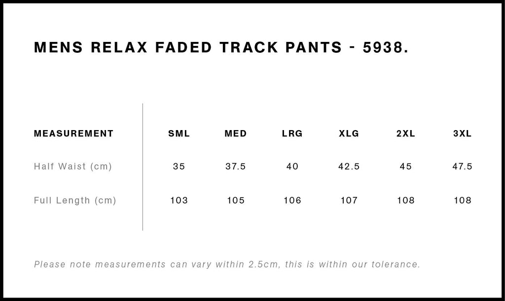 Relax Faded Track Pants 5938 - Size guide
