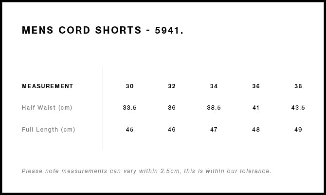 Cord Shorts 18" 5941S - Size guide
