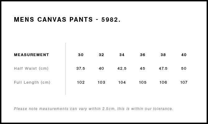 Canvas Pants 5982 - Size guide