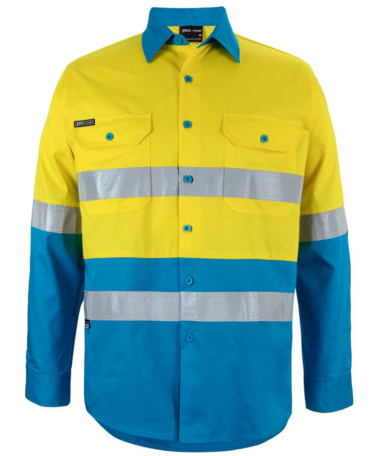 JB's Hi Vis L/S (D+N) 150G Work Shirt - Yellow/Aqua - Front