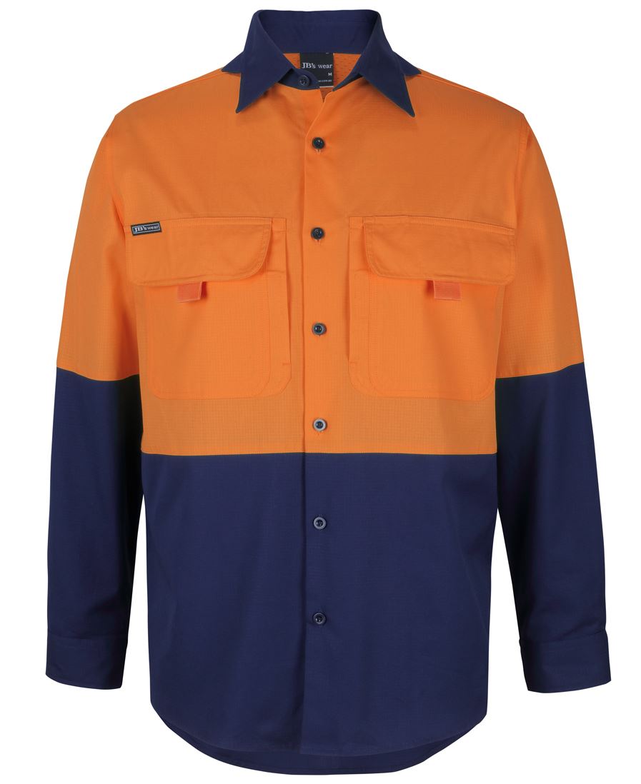 JB's Hi Vis Ripstop L/S Fishing Shirt - Orange/Navy - Front