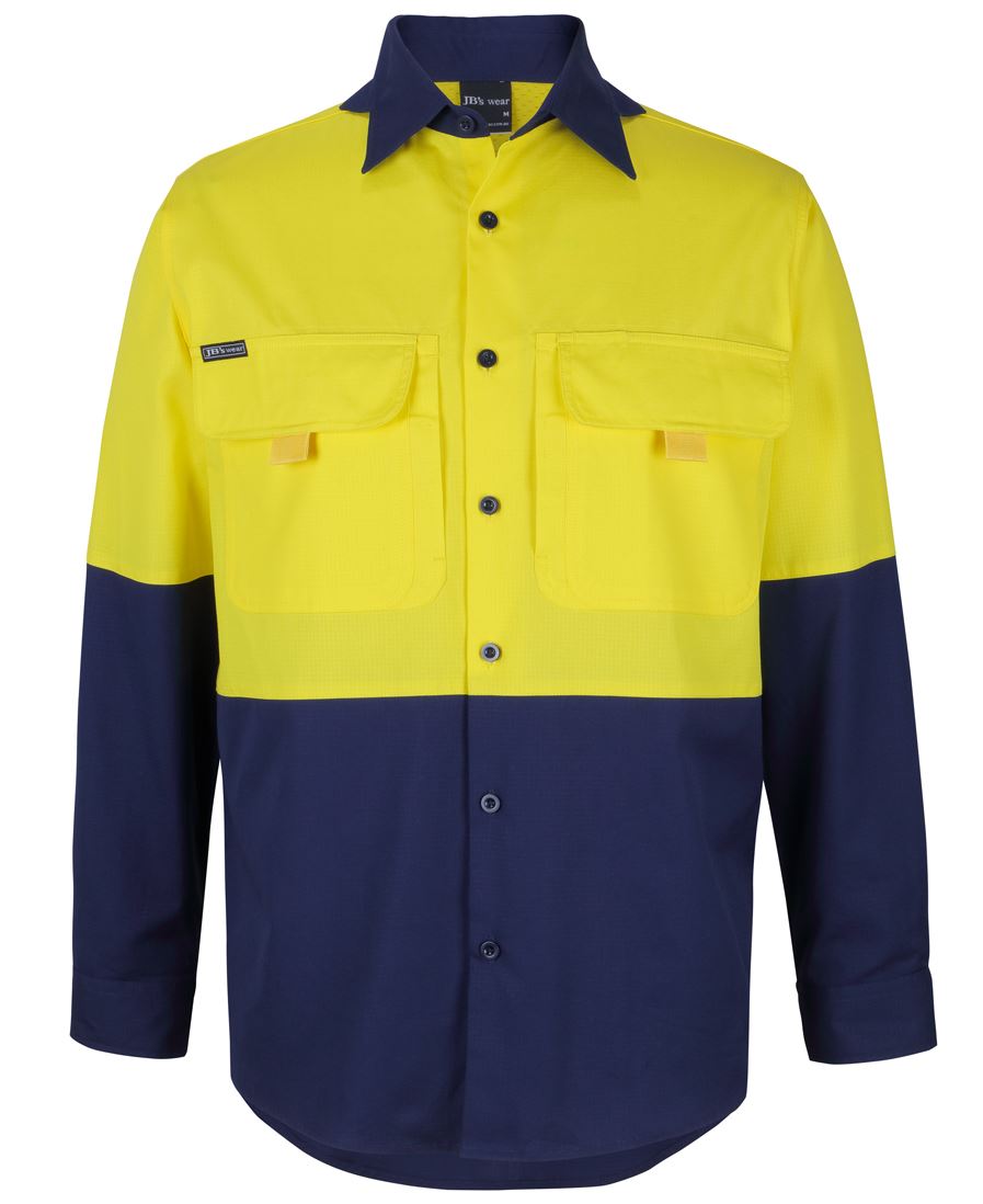 JB's Hi Vis Ripstop L/S Fishing Shirt - Yellow/Navy - Front