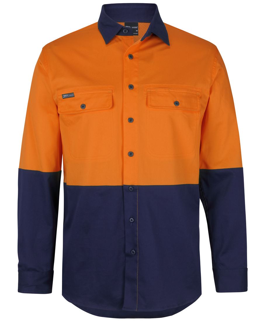 JB'S Hi Vis L/S Stretch Work Shirt - Orange/Navy - Front