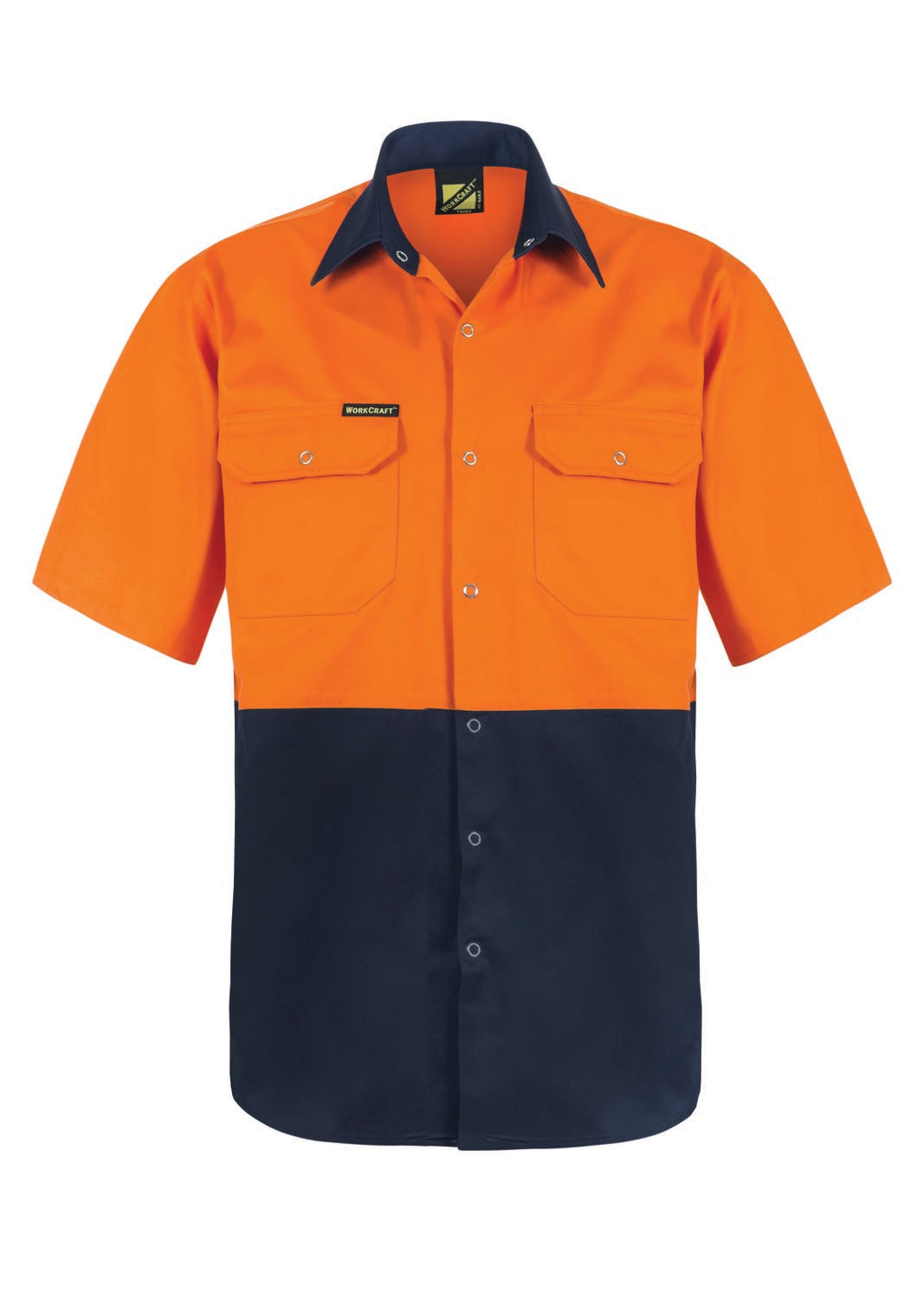 Hi Vis Short Sleeve Cotton Drill Industrial Laundry Shirt With Press Studs - Orange/Navy - Front