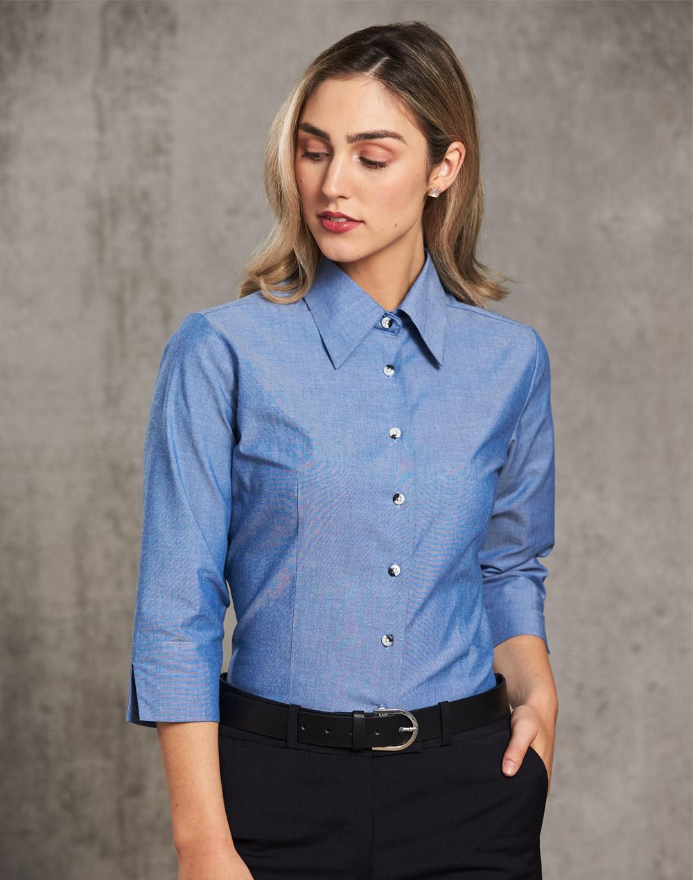 Winning Spirit Ladies' wrinkle free chambray shirt 3/4 sleeve BS04