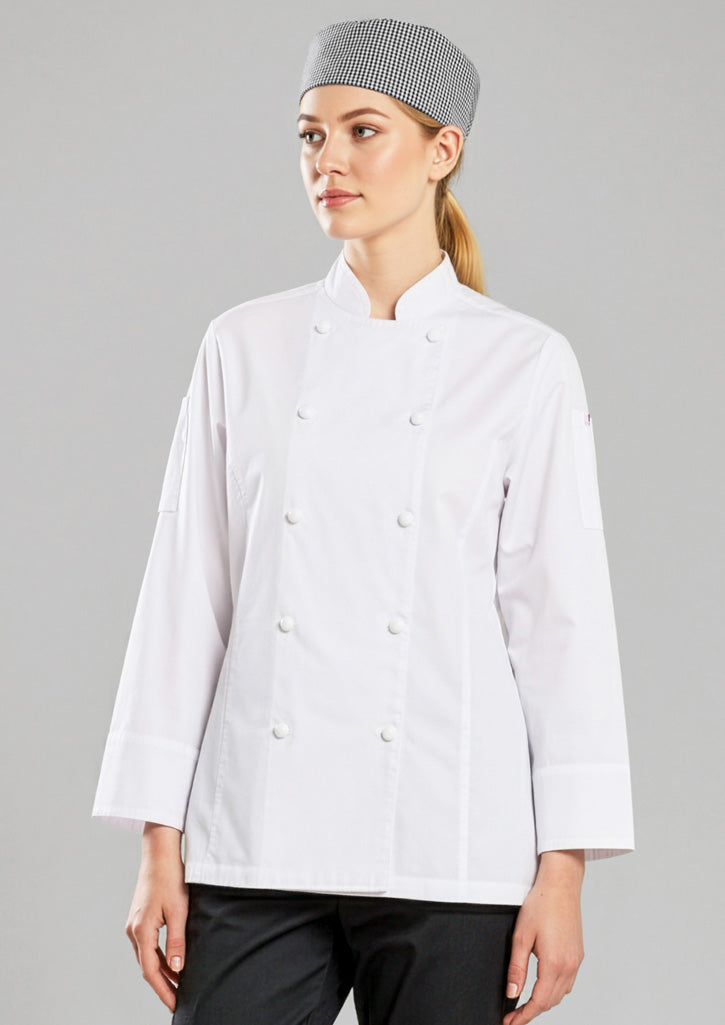Gusto Womens Long Sleeve Chef Jacket - White - Model