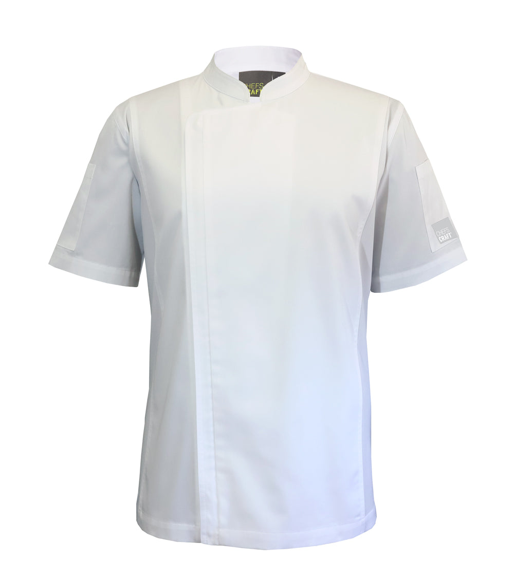 Lightweight Zip Short Sleeve Chefs Jacket with Micro Mesh Panels - White