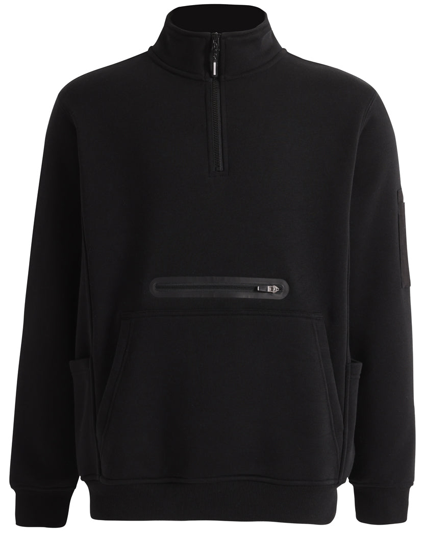 Unisex Premium Fleece Half Zip Work Sweat - Black - Front