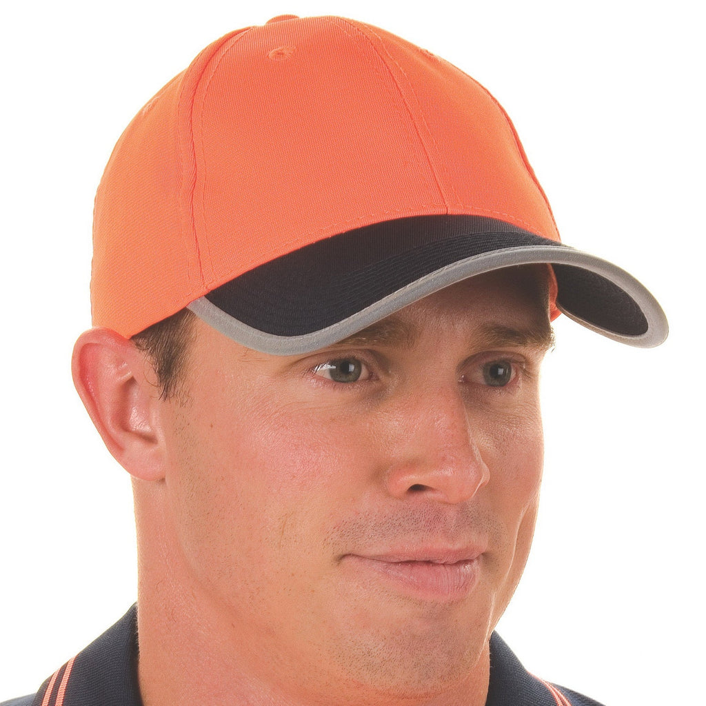 HiVis 2 tone cap with reflective trim & velcro strap - Orange/Navy