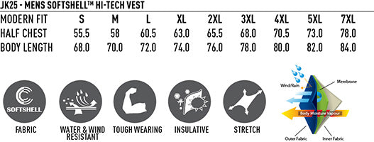 Men's Softshell Hi-Tech Vest - Size guide