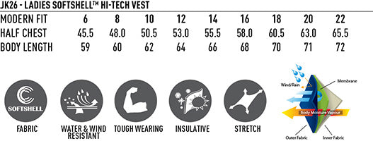 Ladies' Softshell Hi-Tech Vest - Size guide