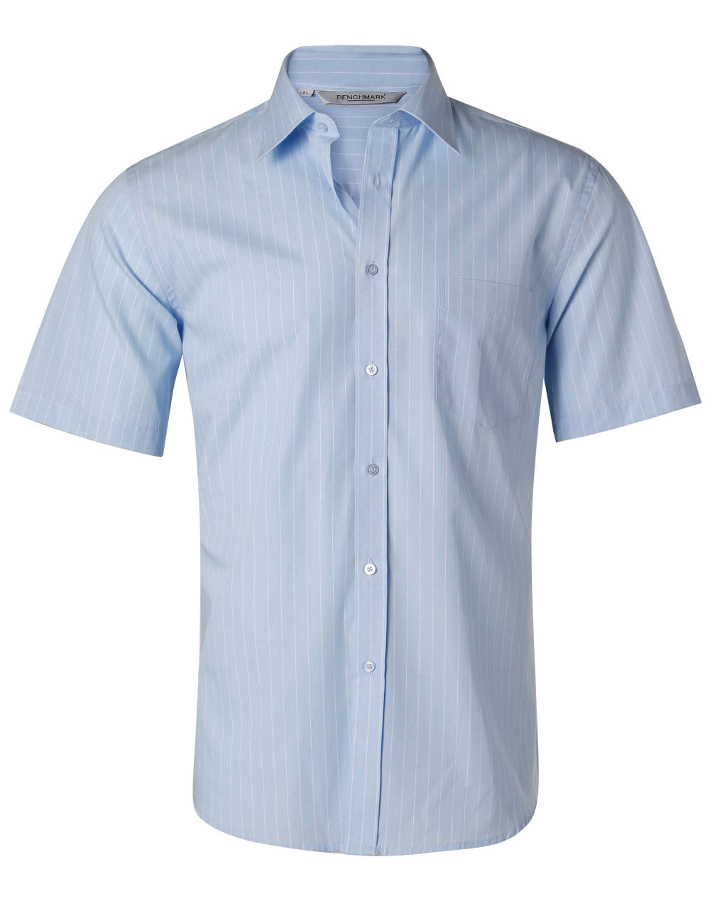 Men's Pin Stripe Short Sleeve Shirt - M7221 - Blue Chambray / White