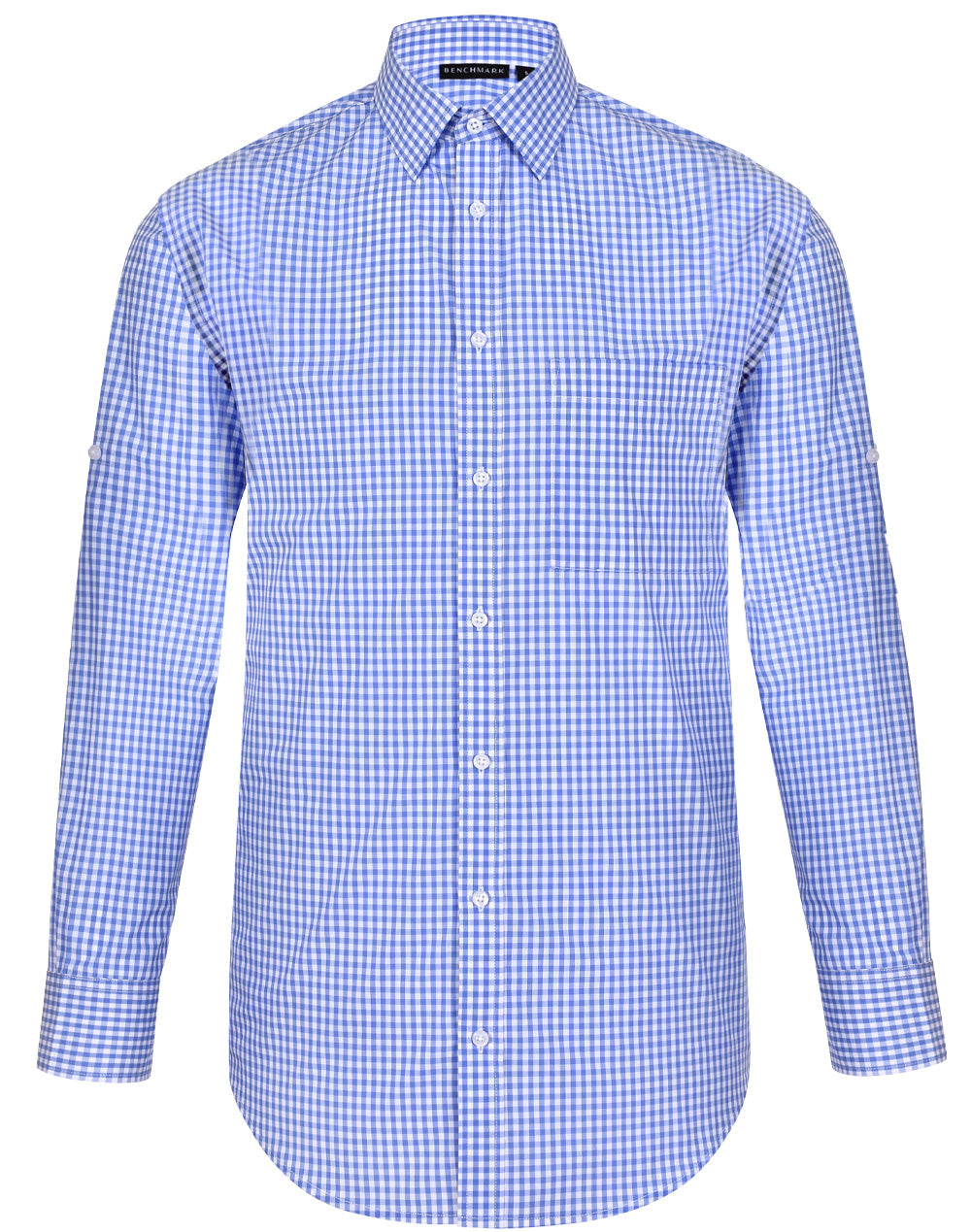 Men's Gingham Check Roll-up L/S Shirt - M7300L - Skyblue / White