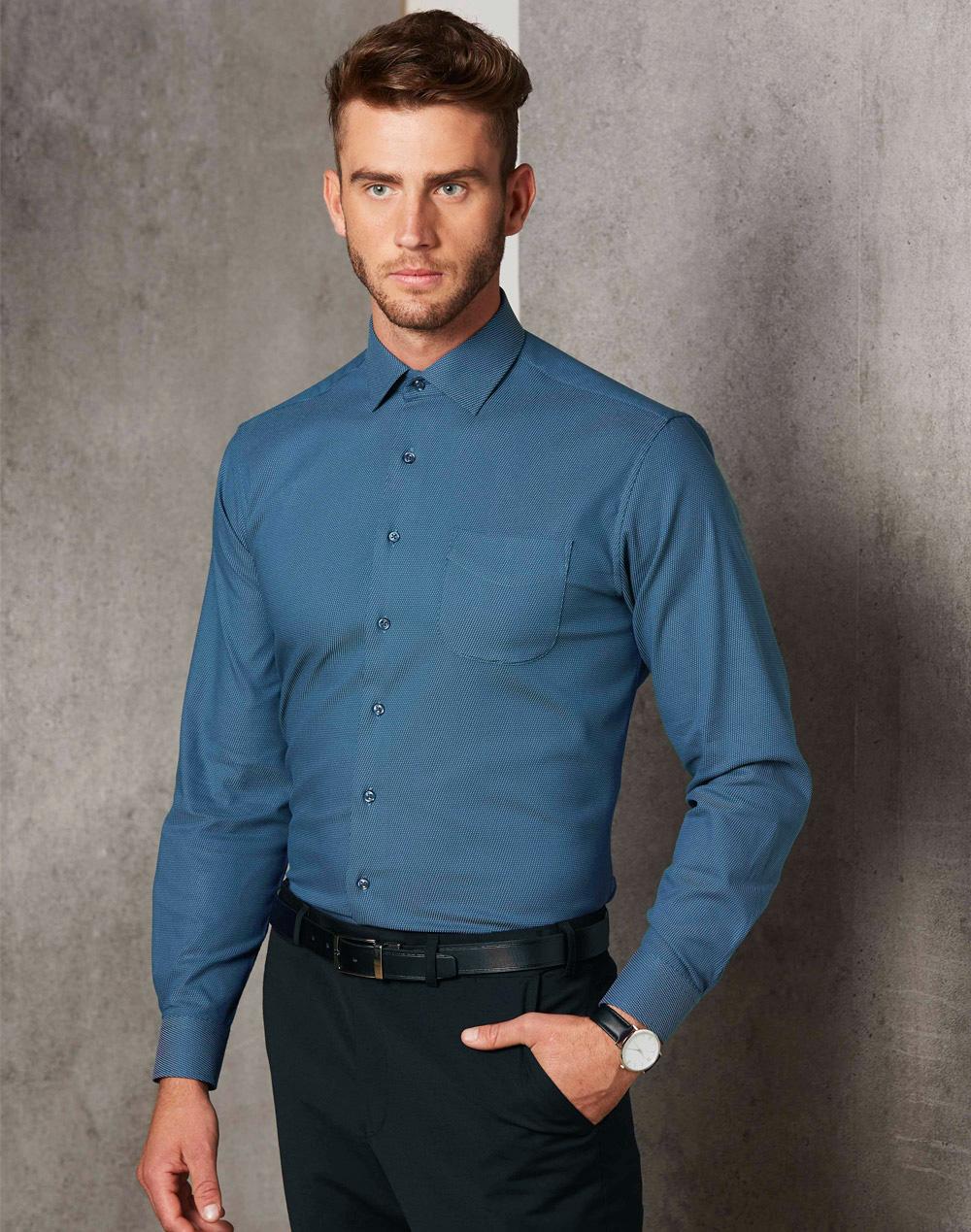 Benchmark Men's Pin Dot Stretch L/S Shirt M7400L