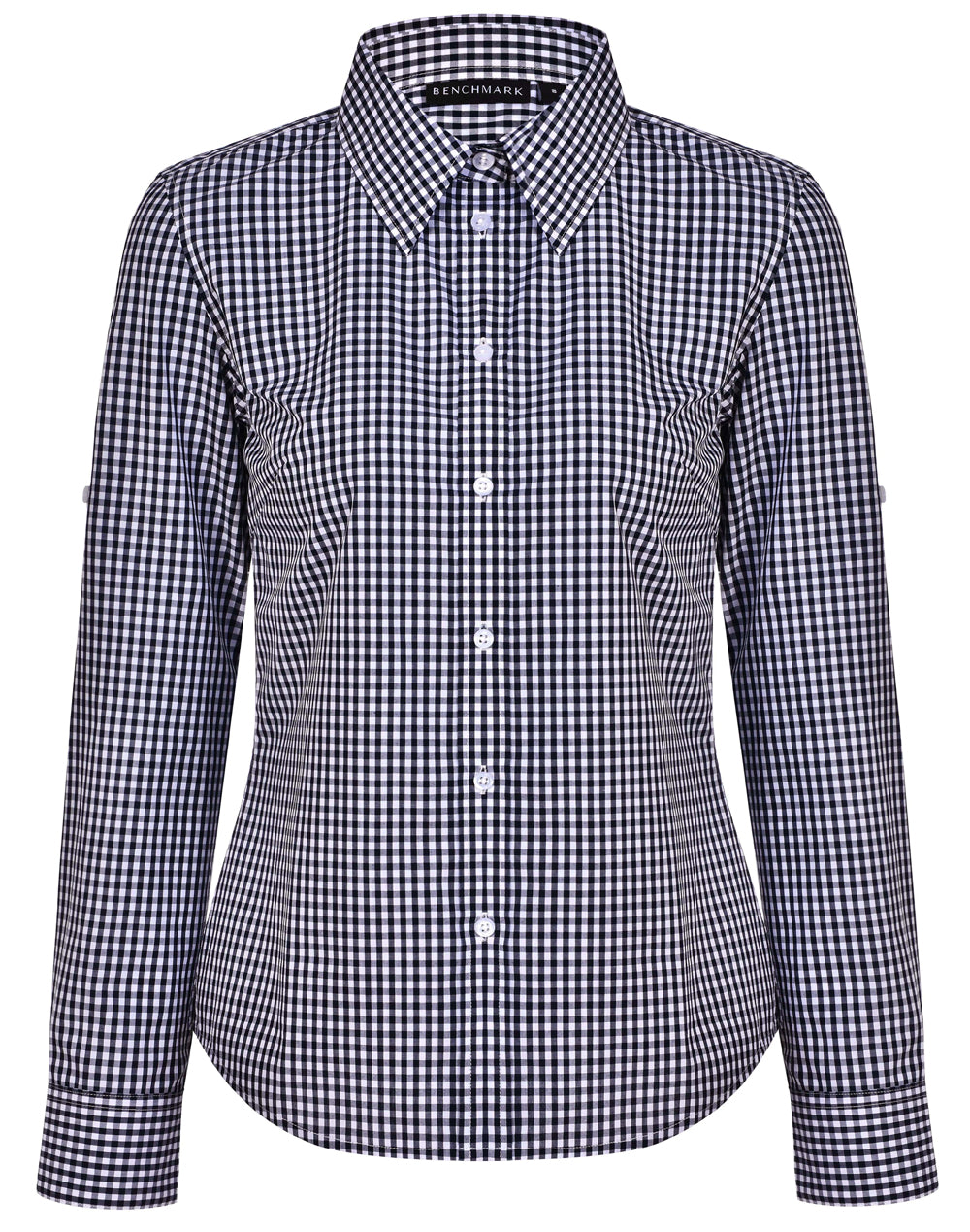 Women's Gingham Check Roll-up L/S Shirt - M8300L - Navy / White