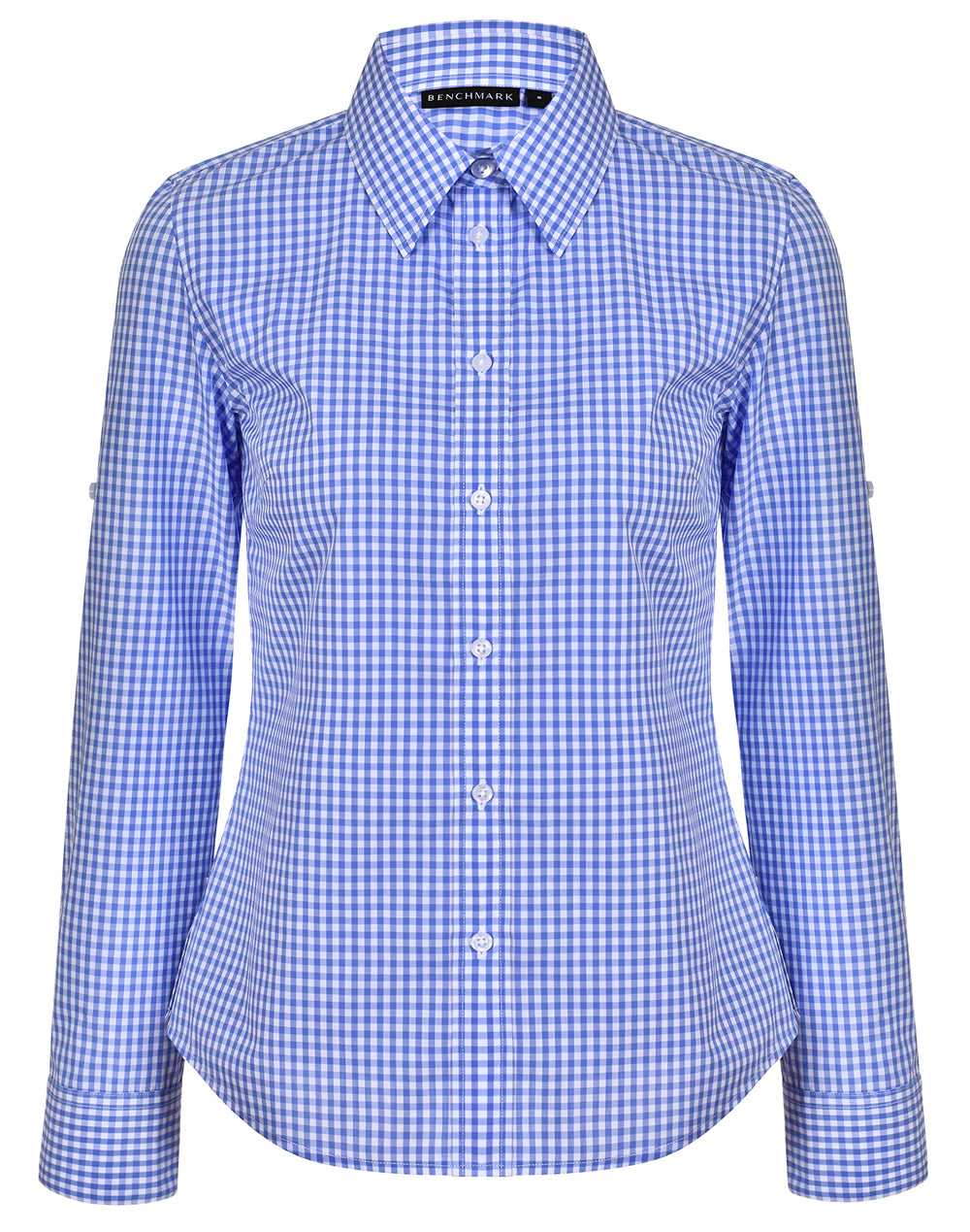 Women's Gingham Check Roll-up L/S Shirt - M8300L - Skyblue / White