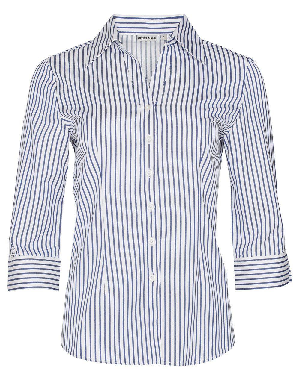 Women's Sateen Stripe 3/4 Sleeve Shirt - M8310Q - White / Cobalt