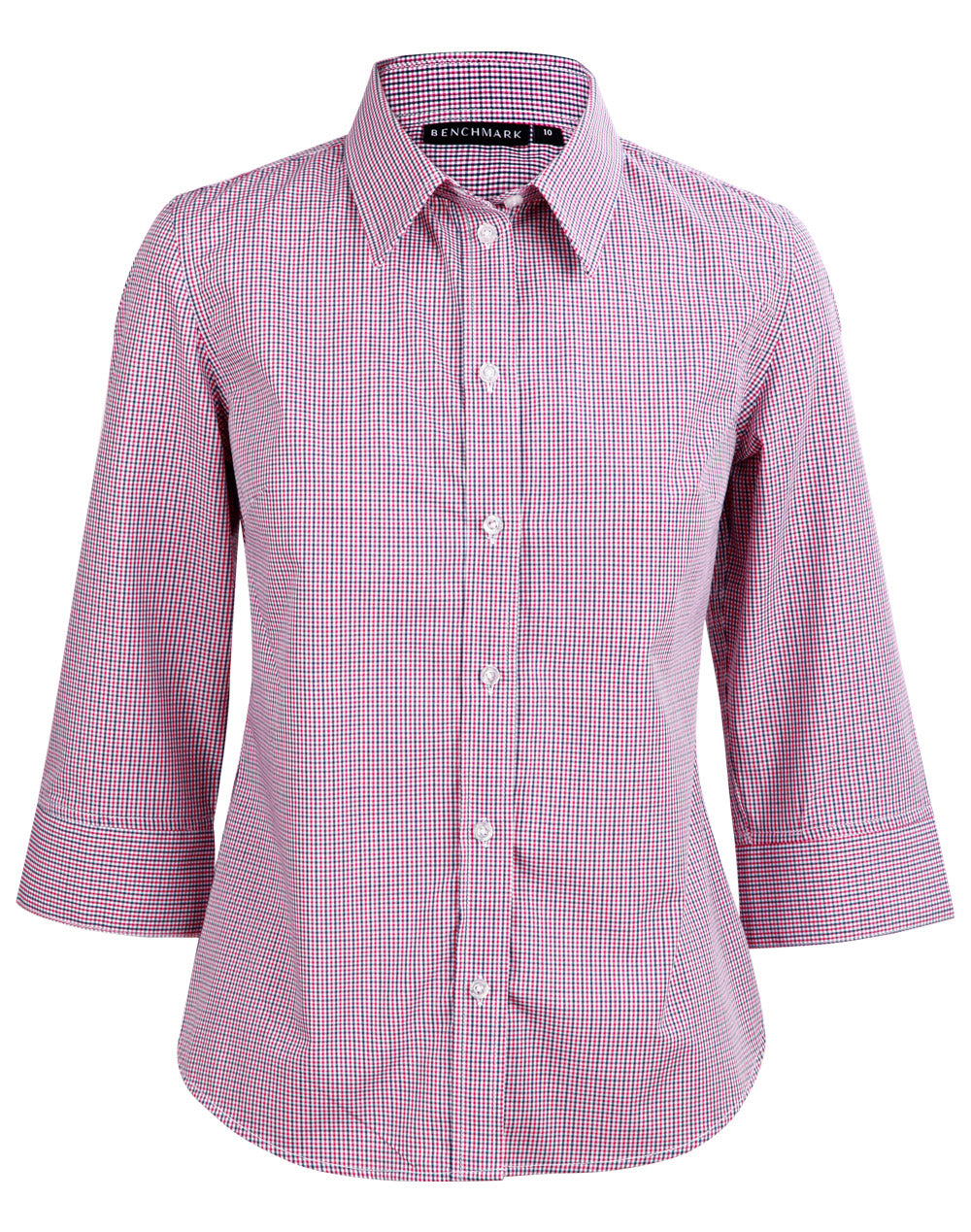 Ladies' Two Tone Mini Check 3/4 Sleeve Shirt - M8340Q - Black / White / Red