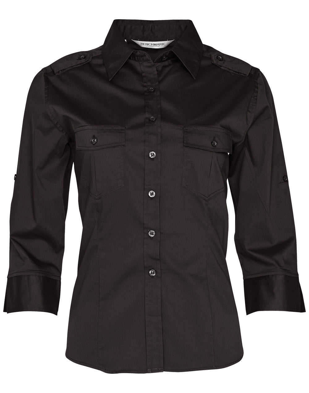 Women's 3/4 Sleeve Military Shirt - M8913 - Black