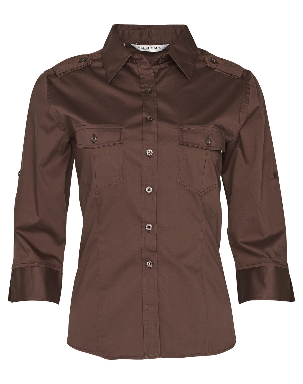 Women's 3/4 Sleeve Military Shirt - M8913 - Mocha
