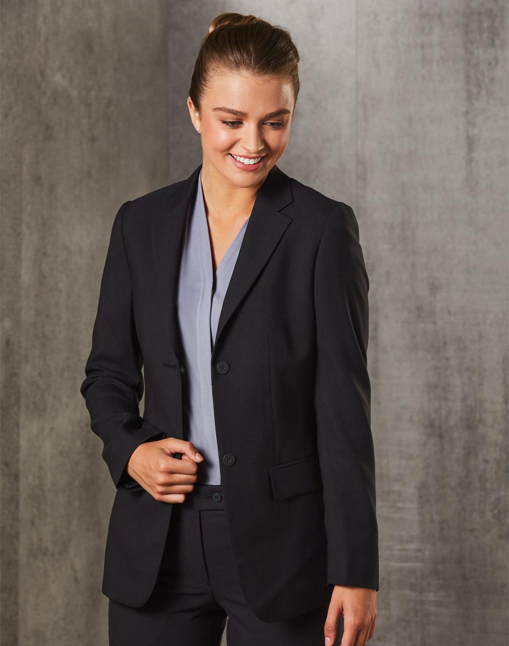 Benchmark Women's Two Buttons Mid Length Jacket in Poly/Viscose Stretch M9206