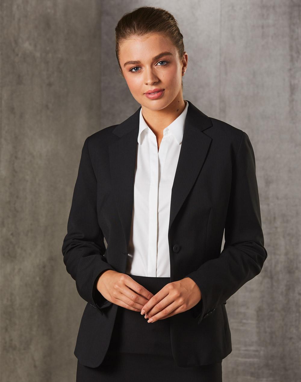 Benchmark Women's One Button Cropped Jacket in Poly/Viscose Stretch Stripe M9208