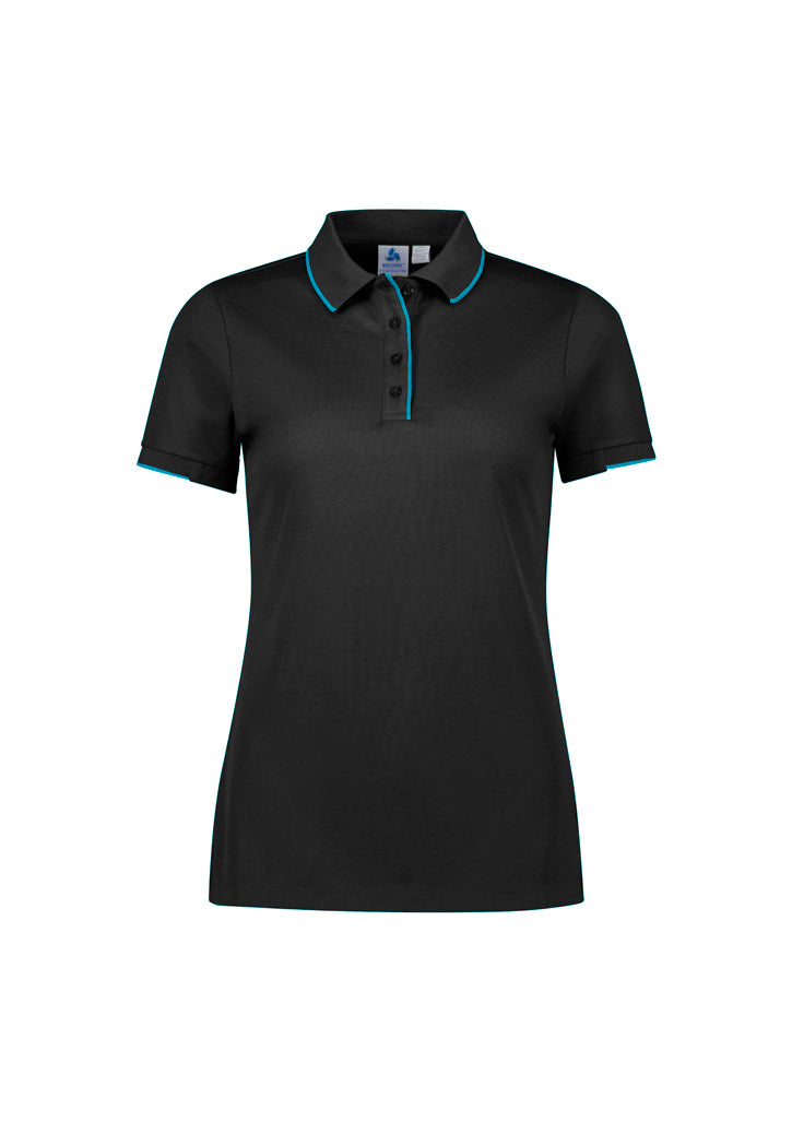 Focus Womens Short Sleeve Polo - Black/Cyan - Front