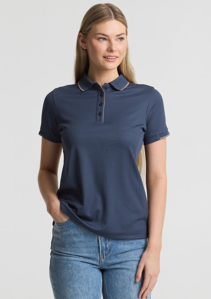 Focus Womens Short Sleeve Polo - Storm Blue/Taupe - Model
