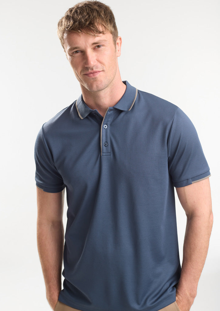 Focus Mens Short Sleeve Polo - Storm Blue/Taupe - Model