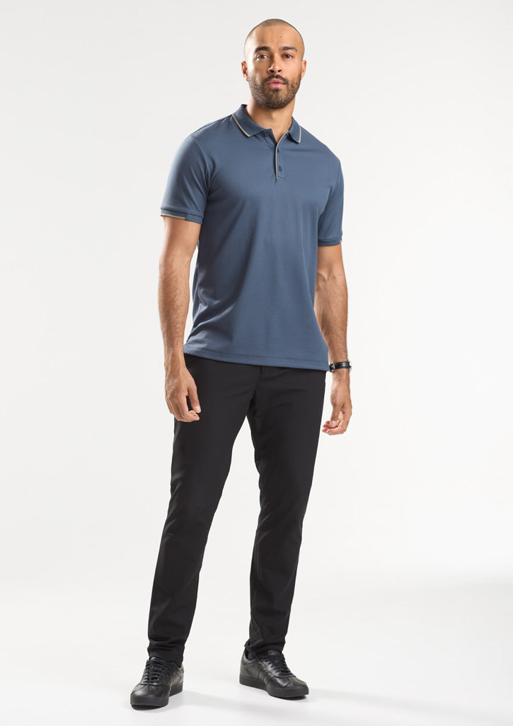 Focus Mens Short Sleeve Polo - Storm Blue/Taupe - Model