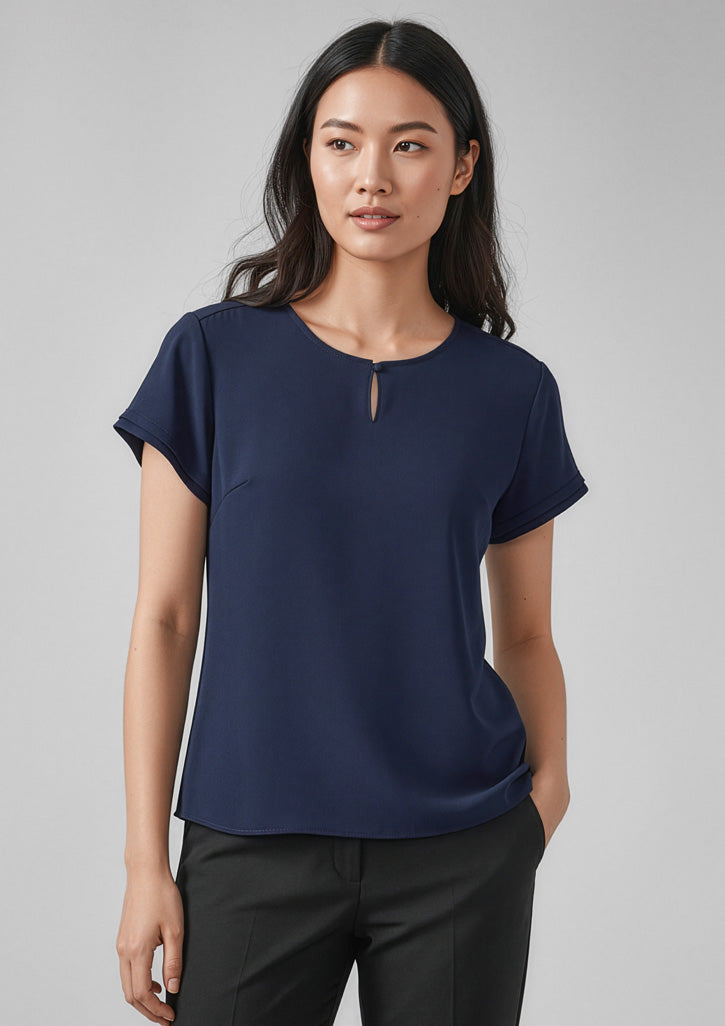 Evelyn Womens Short Sleeve Blouse - Navy - Model