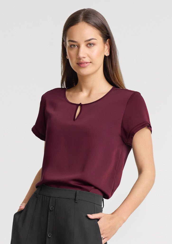 Evelyn Womens Short Sleeve Blouse - Wine - Model