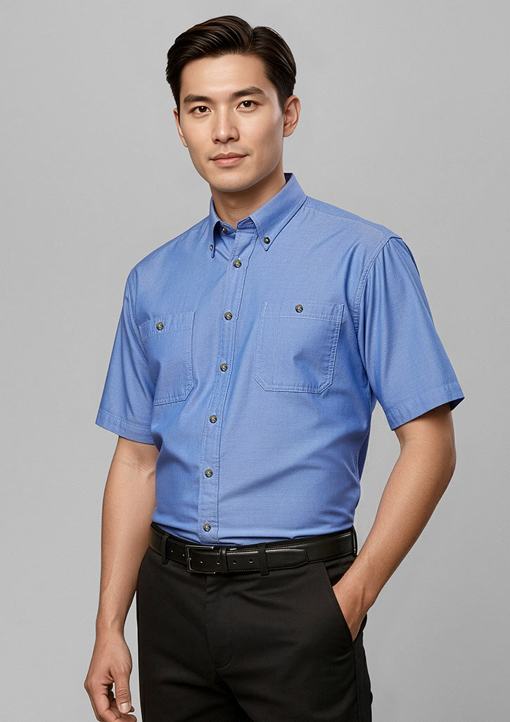 Chambray Mens Short Sleeve Shirt - Chambray Blue - Model