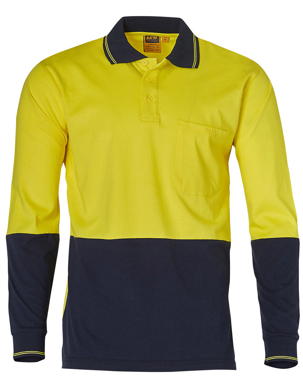 Hi-Vis Cotton Two Tone L/S Safety Polo - SW36 - Yellow / Navy