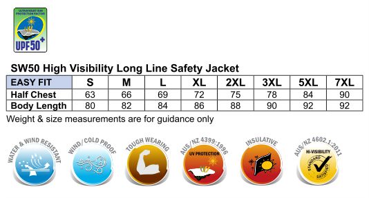 Hi-Vis Long Line Jacket Polar With Fleece Lining - Size guide