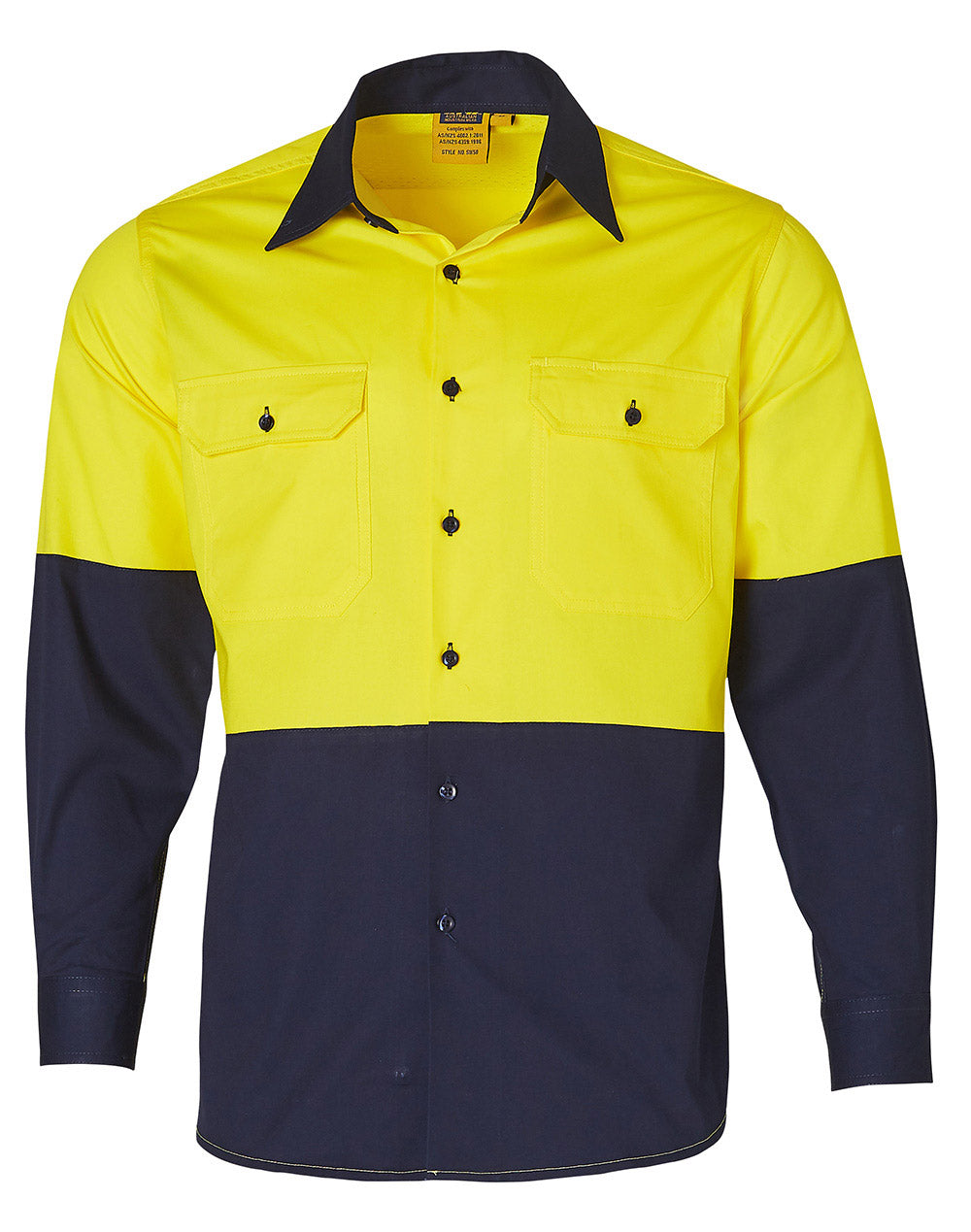Hi-Vis two tone Cool-Breeze L/S cotton work shirt - SW58 - Yellow / Navy