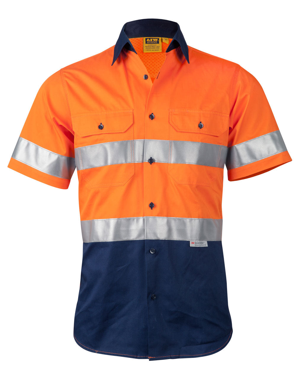 Men's Hi-Vis Cool Breeze Safety S/S Shirt (3M Tape) - SW59 - Orange / Navy