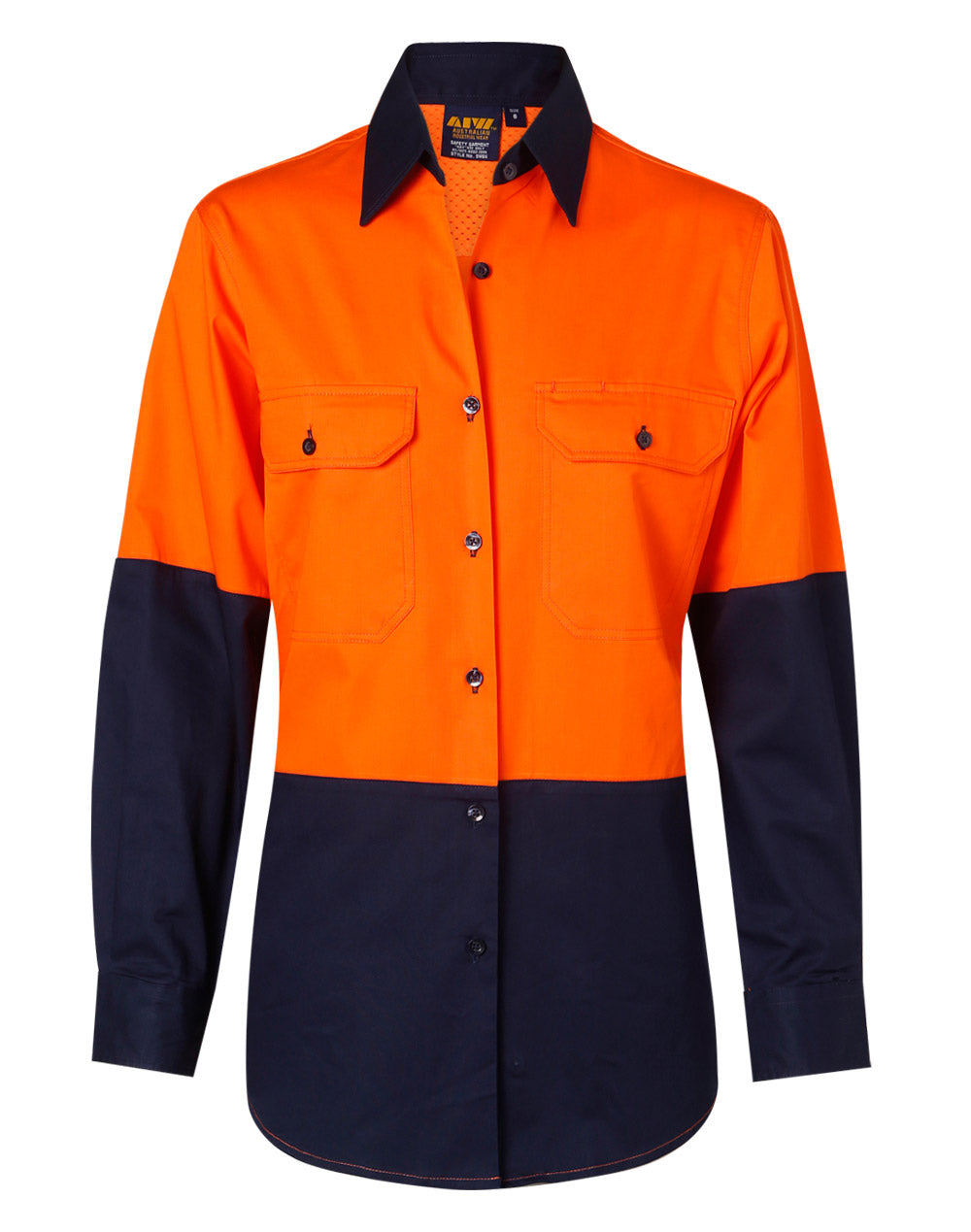 Ladies' Hi-Vis L/S Safety Shirt - SW64 - FluoroOrange / Navy