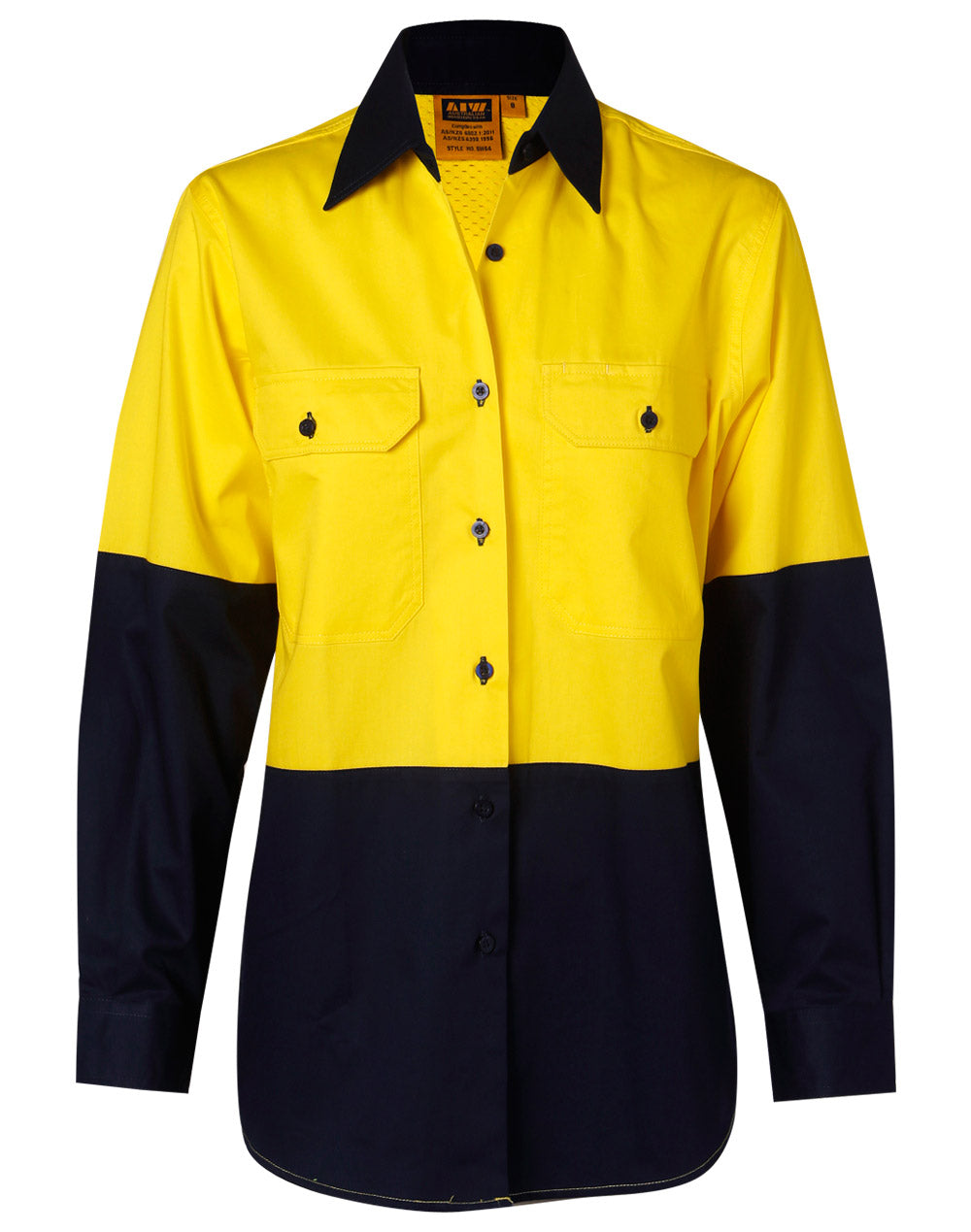 Ladies' Hi-Vis L/S Safety Shirt - SW64 - FluoroYellow / Navy