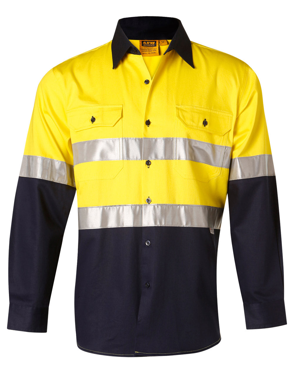 Men's Hi-Vis Cotton Twill  L/S Safety Shirt (3M tape) - SW68 - Yellow / Navy