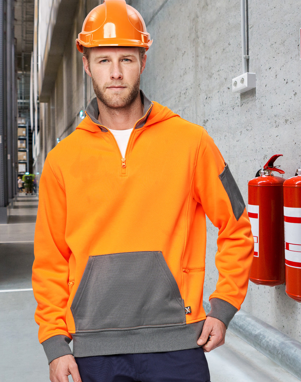 Unisex Hi-Vis ¼ Zip Premium Fleece Hoodie - Orange/Ash - View